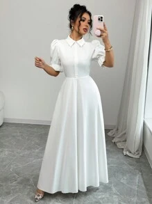 Rafferiza 女士优雅翻领单排扣收腰泡泡袖纯色连衣裙