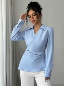 Selianne بلوزة نسائية للخريف/الشتاء، ذات طيات أمامية، أكمام طويلة، بتصميم سبطانة أمامية مائلة مع أزرار، لوحة أمامية مطوية، من قماش منسوج، للارتداء اليومي الكاجوال - أزرق فاتح اللون - مشاهدة 5