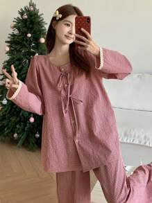 DAZY Rüschen-Saum karierter Schleifenpyjama-Set, Herbstkleidung