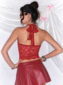 ROMWE Kawaii 女士休闲蕾丝挂脖露背背心 - 酒紅色 - 查看 6