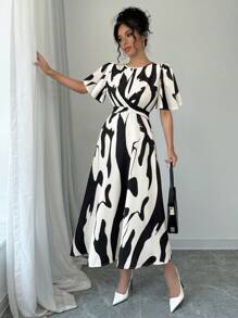 RosyDaze Black & White Asymmetrical Print Twist Knot Dress, Twist Knot Strap Vacation Casual Dress - Black - View 6