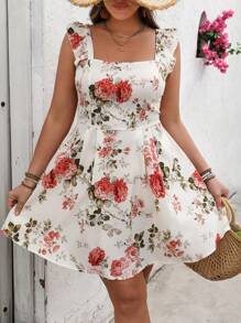SHEIN VCAY Plus Size Women Boho Floral Print Cap Sleeve Dress, For Summer,Beach Dress Sundress,Holiday Outfits