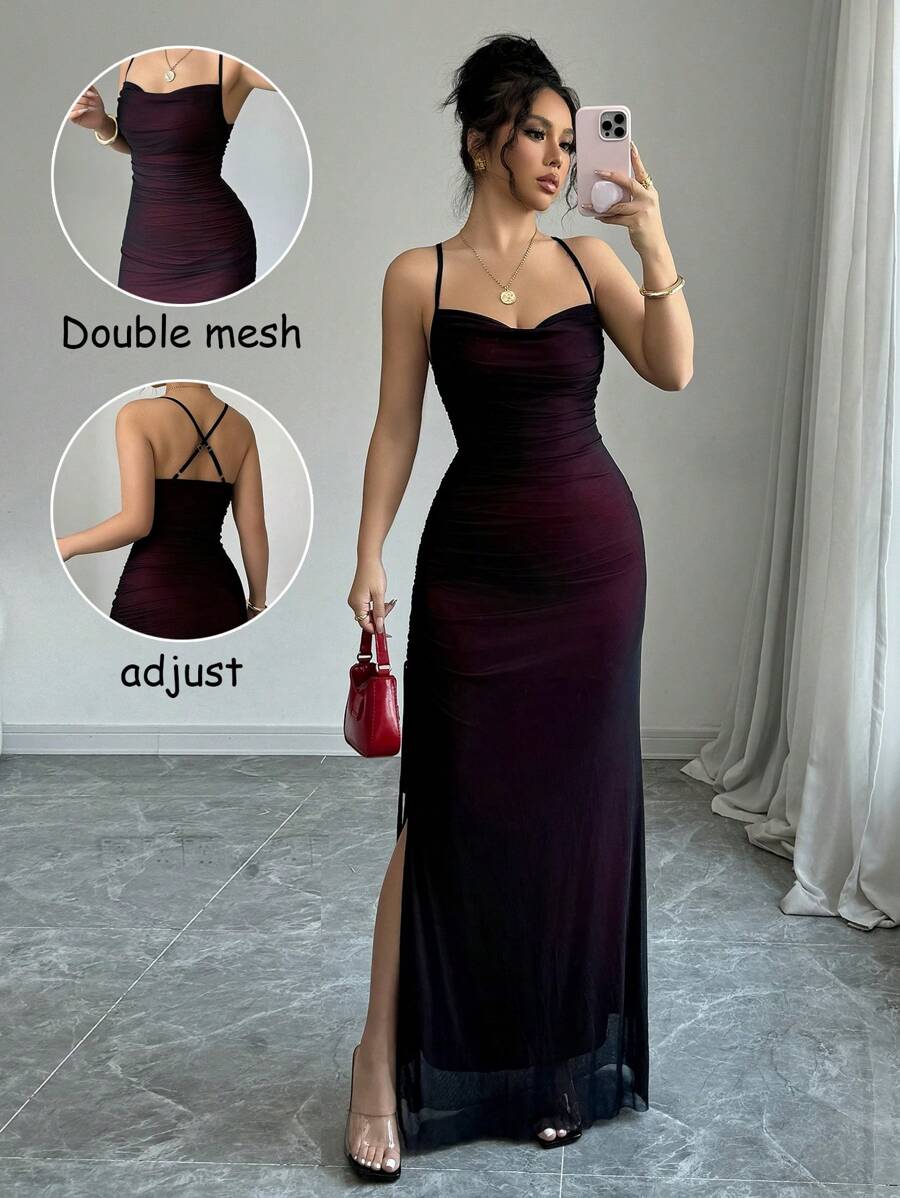 Rafferiza Vestido Vintage Sexy de Decote em V com Fenda, Cordão e Tela