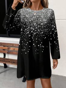 SHEIN LUNE Casual Shiny Graphic Round Neck Long Sleeve Short Dress For Women, Suitable For Spring And Autumn