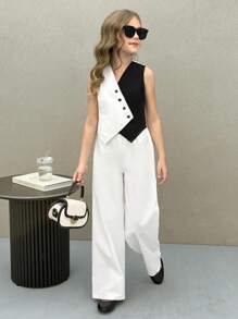 SHEIN Nova Glow Tween Girls Woven Patchwork Sleeveless Tank Top And Straight Leg Pants Set - Black and White - View 3