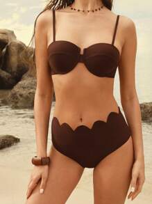 Anewsta 女士纯色性感比基尼套装，带罩衫和裙子，海滩度假夏季 - 棕色 - 查看 7