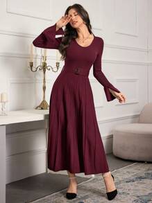 Modelyn Women's Solid Color Crew Neck Long Sleeve Casual Maxi Sweater Dress - Burgundy - View 3