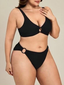 Swim Lushoire Plus Size Solid Color Ring Decor Casual Beach Swimming Suit Summer - Black - View 1