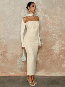 SHEIN BAE Elegant Women Strapless/Long Sleeve/White/Long Style Scalloped Hem Dress, Autumn Clothing,Valentine's Day,Valentine Outfits For Women - Apricot - View 3