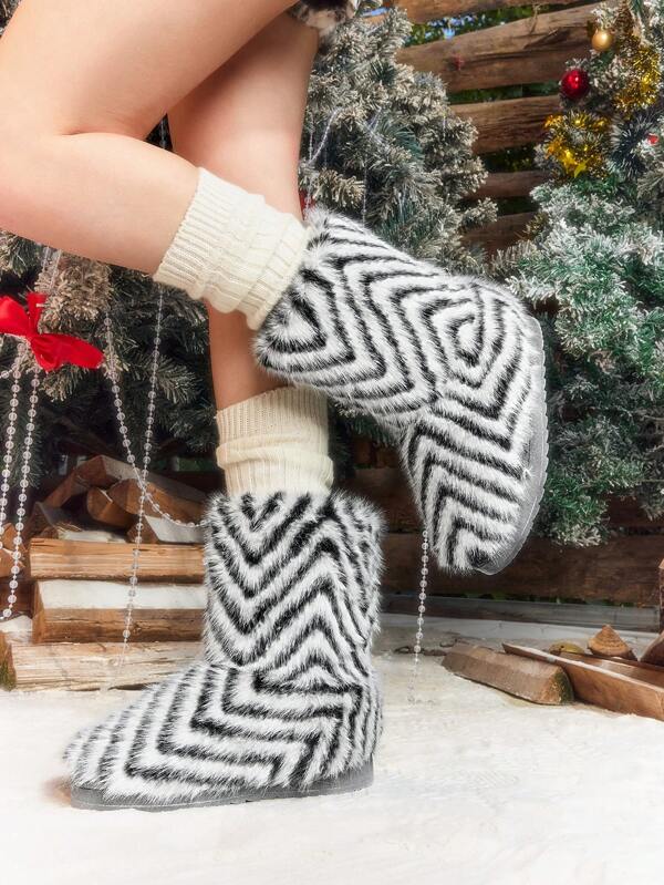 Sugerpunk Women Winter Stripe Warm Fuzzy Mid-Calf Fashion Boots