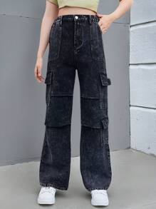 Girl & Teen Girl Black Baggy Washed Wide Leg Fashion Jeans Pants