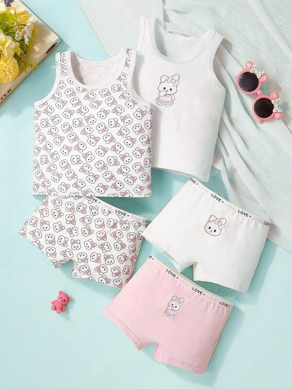 2pcs/Set Baby Girls' Rabbit Pattern Top And Cute Cartoon Print Cotton Briefs Underwear Set; 3pcs/Set Baby Girls' Bowknot Decorated Vest And Allover Print Cotton Briefs Underwear Set