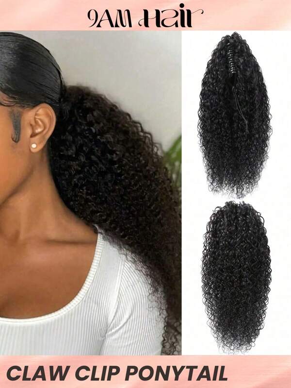 1 pieza Extensión de cabello humano con clip en forma de garra, rizo rizado, coleta, color negro natural, para uso diario de las mujeres, fácil de usar, extensión de cabello color negro natural