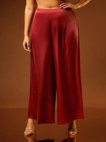 Hauture Summer Women Outfit, Women Clothes, Women Plus Size Burgundy Satin Solid Color Loose Simple Design Long Wide Pants, Casual Daily Wear, Women Pants, Wide Leg Pants. For Date Night, Concerts, Performances, Parties, Clubs, Evening, Music Festivals