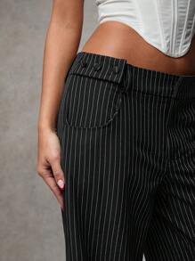 SHEIN BAE Quần ống rộng đơn giản, sọc xanh navy cạp thấp, trang trí nút, thường ngày, đi làm, đi chơi, đi làm văn phòng - màu đen - Xem 3