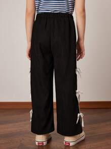 PrepCrw 年轻女孩灰色编织松紧腰宽松裤，优雅法式大学风，春夏 - 黑色 - 查看 2