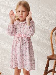 Blossori Kleine Mädchenkleid im französischen eleganten Stil mit aprikotfarbenem Blümchendruck, geraffter Taille, A-Linie und Rüschenkragen, Frühling/Sommer - Verschiedenfarbig - Übersicht 6