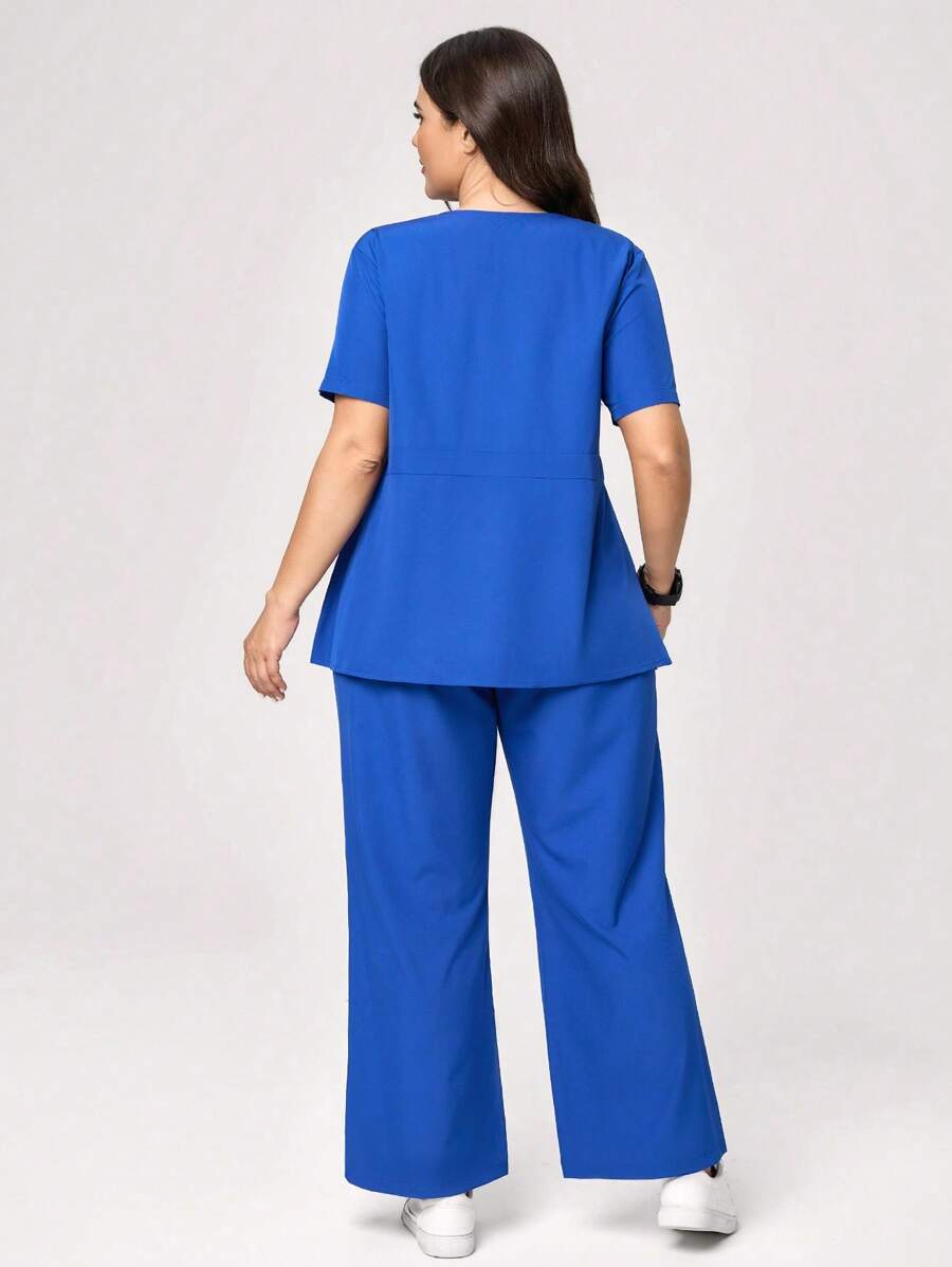 SHEIN TaskFit Plus Size Front Zipper Short Sleeve Pocket Casual Top And