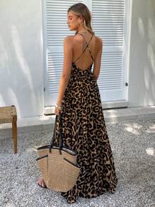 KARISMINA 深 V 领交叉露背豹纹连体春装 - 彩色 - 查看 2