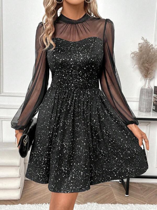 Allurite Mesh Contrast Stand Collar Dress