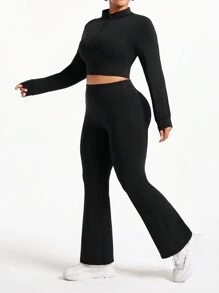 Plus Size Women Sports Casual Yoga Running Zip Half Placket Long Sleeve Top & Pants Fitness Workout Set Workout Women Set
