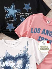 SHEIN Leap Crew Conjunto de 3 piezas de camisetas lisas para niña preadolescente con impresiones de corazones, estrellas y letras simples y de dibujos animados, perfecto para el verano - Multicolor - Ver 4