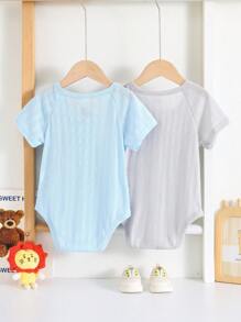 SHEIN 2pcs/Set Baby Cartoon Bear Print Soft Knit V-Neck Short Sleeve Bodysuit - Multicolor - View 2