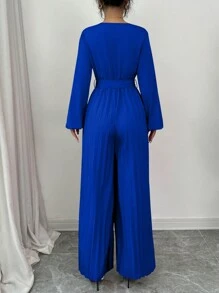Elenzga Mono de manga abullonada con cuello en V y cintura ajustada, pierna larga con pliegues y pernera ancha, nuevo diseño primaveral
