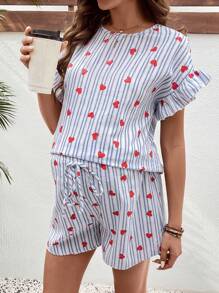 SHEIN Bohemian Ruffled Drop Shoulder Top And Adjustable Waist Wide Leg Shorts 2Pcs Maternity Set - Blue - View 6