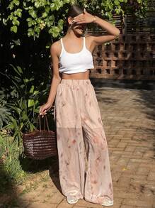 DAZY Pantalones rectos informales para mujer con estampado floral diminuto, adecuados para vacaciones en la playa - Beis - Ver 5