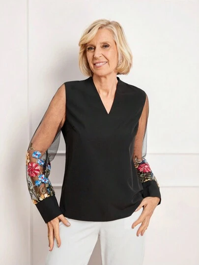 SHEIN LUNE Women's V-Neck Floral Embroidery Mesh Patchwork Elegant Blouse Valentines Clothes Going Out Tops
