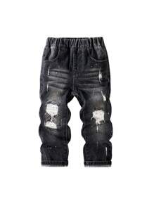 Young Boy Elastic Waist Pocket Ripped Casual Denim Jeans - Black - View 1