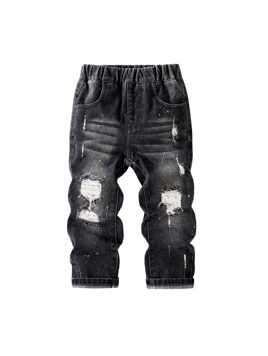 Young Boy Elastic Waist Pocket Ripped Casual Denim Jeans - Black - View 1