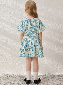 Blossori 年轻女孩优雅杏色花卉印花编织圆领连衣裙，春夏 - 彩色 - 查看 2