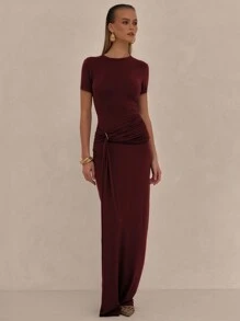 MUSERA Draped Front Ruched Maxi Dress Elegant Cute Graduation Wedding Guest Birthday Prom Ibiza Holiday Night Out Wedding Guest Elegant Date Night Halloween Fall Winter Party Chic - Burgundy - View 3
