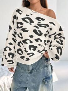 Flirla Losse, casual, veelzijdige luipaardprinttrui, sexy asymmetrische hals