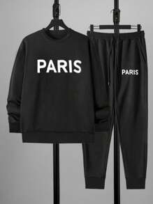 RueChic Men Letter Graphic Sweatshirt & Drawstring Waist Sweatpants - Black - View 1