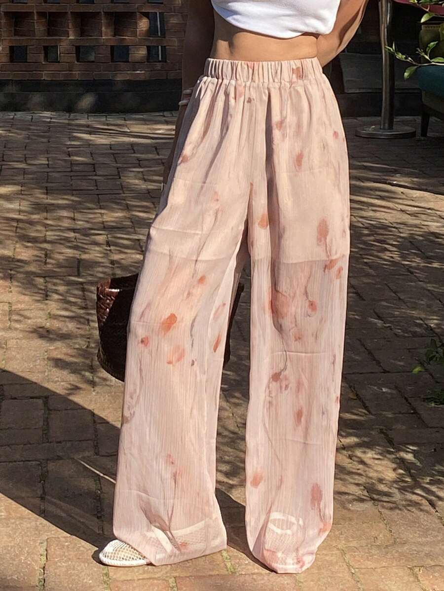 DAZY Pantalones rectos informales para mujer con estampado floral diminuto, adecuados para vacaciones en la playa - Beis - Ver 1