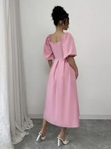 Rafferiza 百搭方领泡泡袖褶皱女式粉色连衣裙，春夏 - 粉色 - 查看 2
