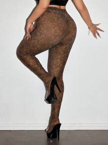 SHEIN ICON Women's Plus Size Semi-Sheer Knitted Fabric Extra Long Leggings In Black With Floral Details For Casual Style