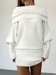 Aloruh Versatile Y2K Style Pullover Sweater Dress, Gray, Vintage American Casual Commuter, Loose Top & Tight Bottom, Long Sleeves Off Shoulder Multiple Wearing Ways, Suitable For Young Adults