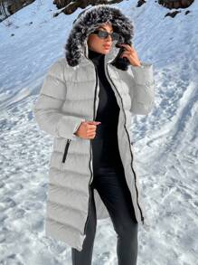 EURMUSE Áo khoác mùa đông lông giả lót lông có khóa kéo đôi - Màu Xám nhạt - Xem 1
