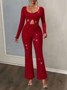 Slaydiva 女式长袖罗纹 T 恤和裤子套装，带开衩下摆设计 - 紅色 - 查看 4