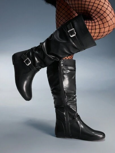 CUCCOO GRLICON Botas de media pantorrilla para mujer, estilo punk Y2K, inspiradas en motocicletas, adecuadas para Halloween, Navidad, atuendos de fiesta