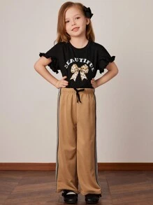 PrepCrw Pantalones deportivos anchos de cintura elástica de punto holgados con decoración de bandas laterales para niñas jóvenes, primavera/verano