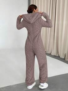 Flirla Women's Solid Color Plush Hooded Long Sleeve Deep V Sexy Jumpsuit (Random Cut)