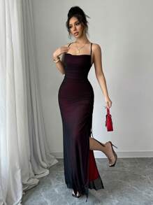 Rafferiza Vestido Vintage Sexy de Decote em V com Fenda, Cordão e Tela