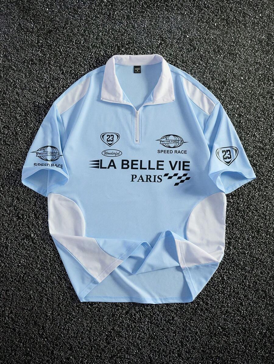 Manfinity EMRG 男士纯色拼接前拉链短袖字母印花 Polo 衫 - 彩色 - 查看 1