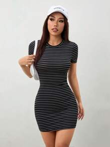 SHEIN PETITE Black And White Striped Knitted Women's Tight Short-Sleeved Mini Dress