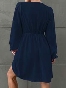 EURMUSE Solid Color Loose Fit Casual V-Neck Dress - Navy Blue - View 2